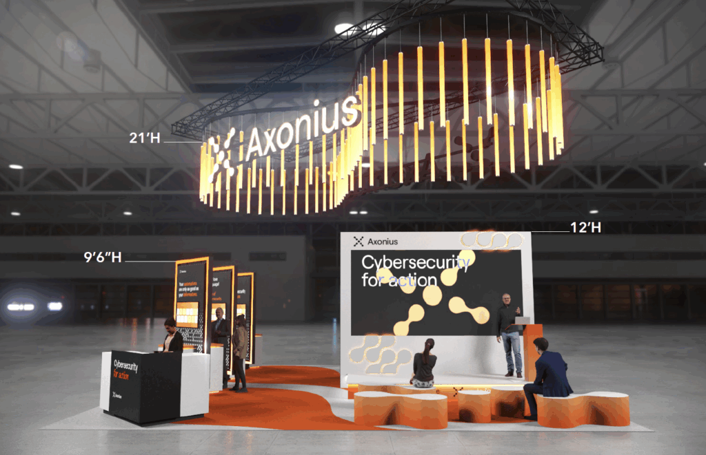 3D rendering of exhibit booth concept with labeled height dimensions, showcasing a circular LED light fixture, large digital screens, podium, and interactive seating areas.