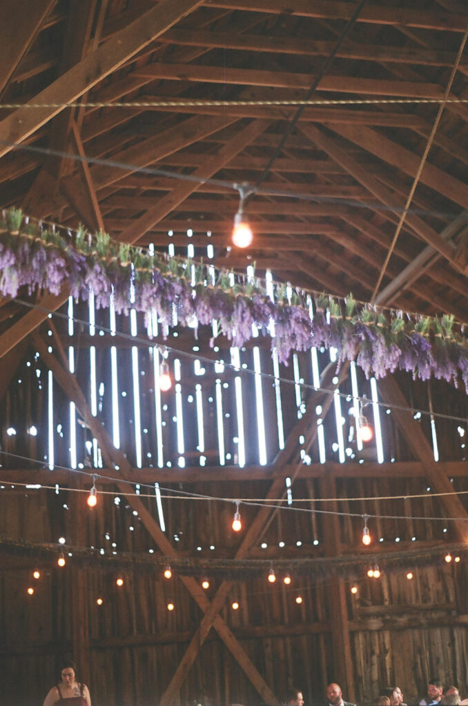 Rustic barn wedding reception interior with hanging lavender bundles and warm string lights captured on film by a Las Vegas destination wedding photographer