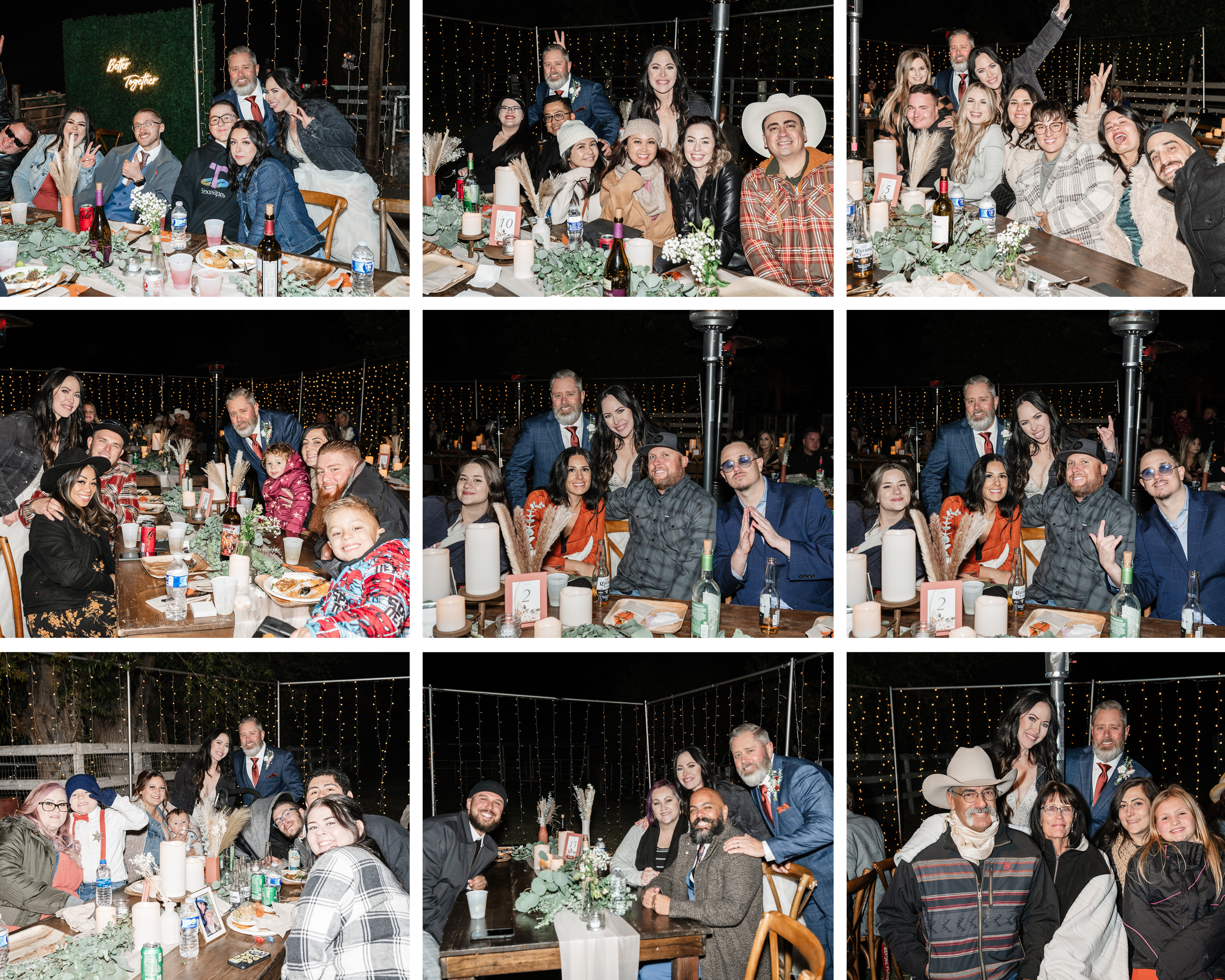 Bride and groom with guest at each table at the reception 